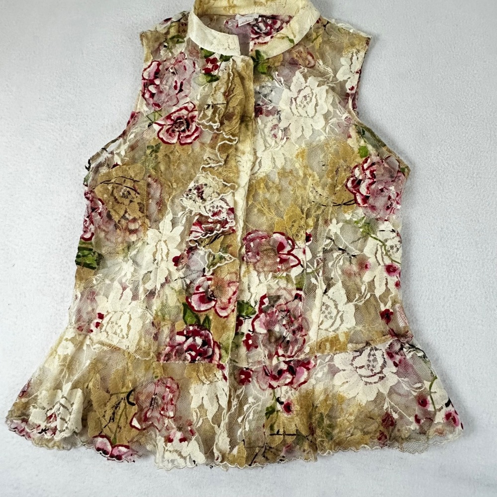 Floral Lace Sleeveless Top Sheer Button Up Blouse Size 8 Preppy Floral Vintage